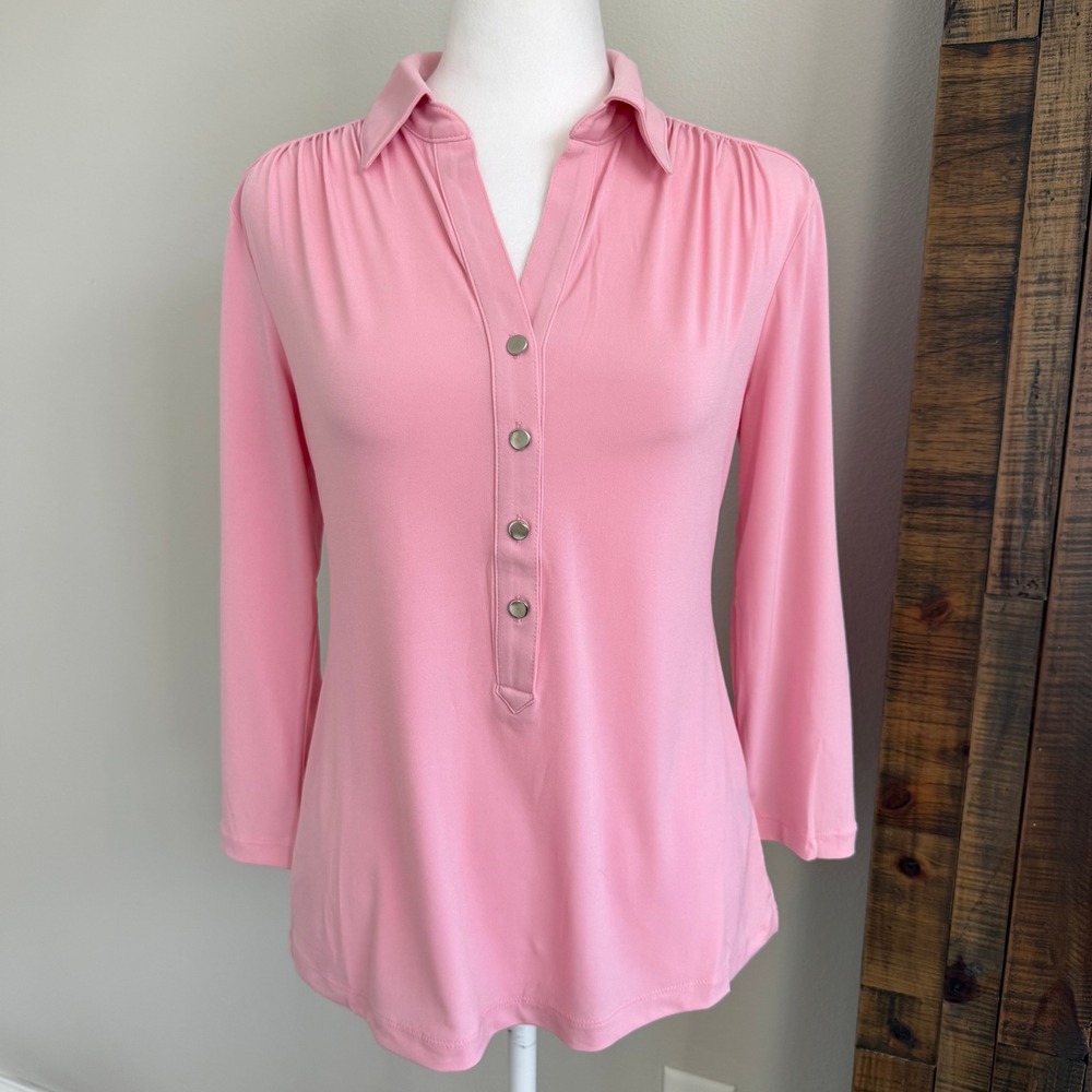 Premise Studio Geranium Pink Henley Top 3/4 Sleeve Small NWT